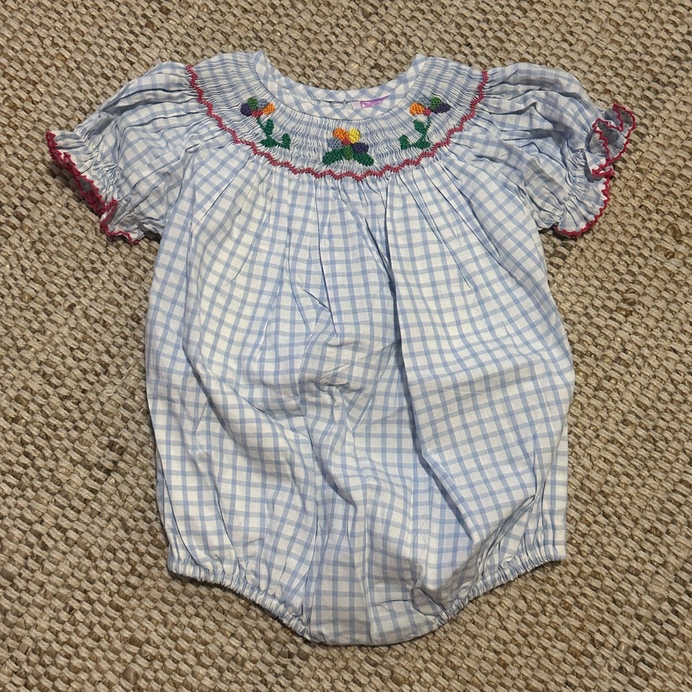 POPPY KIDS CO Blue Checkered Baby Romper with Floral Embroidery